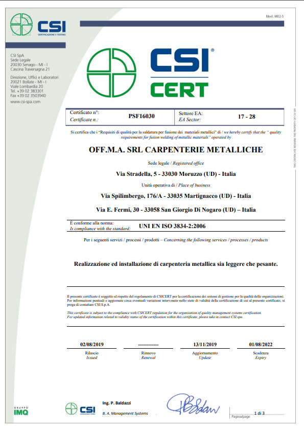 Certification UNI EN ISO 3834